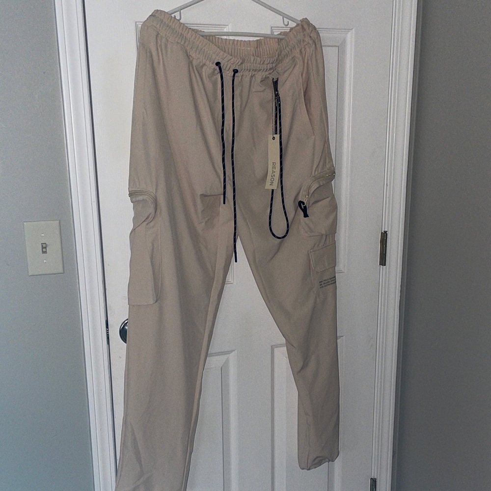 Reason Beige Cargo Pants with Black Drawstring